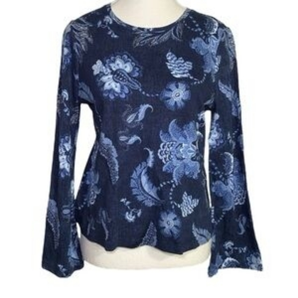 Chico's NWT Madura Floral Top 100% Cotton Bell Sleeve Navy 4/XXL